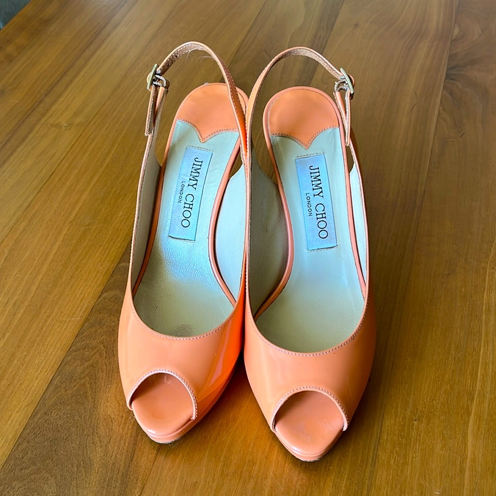 Jimmy Choo peach colored patent leather sandals, size 36 1/2.